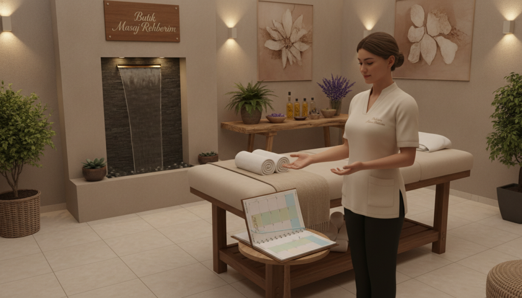 A serene and inviting spa setting in Sultanbeyli, featuring a harmonious blend of warm tones and soothing textures. In the foreground, a professional massage therapist in modest business attire stands beside a beautifully arranged massage table, gesturing towards a well-organized appointment planner with calming colors. The middle ground includes luxurious massage oils, herbs, and a decorative plant, enhancing the wellness atmosphere. In the background, soft lighting from sconces illuminates a tranquil room adorned with subtle artwork and calming water features. The overall mood is peaceful and professional, conveying a sense of relaxation and care in the massage experience. The brand name "Butik Masaj Rehberim" subtly integrated into the decor, ensuring a cohesive theme throughout the space.