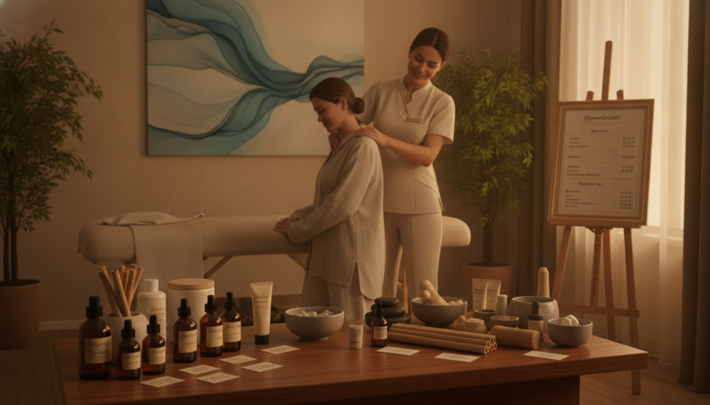 A serene and inviting spa setting that showcases a professional massage therapy practice named "Butik Masaj Rehberim." In the foreground, display a well-organized table with various massage oils, lotions, and tools, elegantly arranged to suggest different service packages. The middle should feature a professional-looking therapist in modest business attire, demonstrating a calming massage technique on a client fully clothed for modesty. In the background, gently illuminated with soft, warm lighting, include elements like soothing wall art, potted plants, and a promotional price list subtly visible on an easel. The atmosphere should be tranquil and welcoming, conveying a sense of relaxation and professionalism suitable for showcasing pricing and service packages.