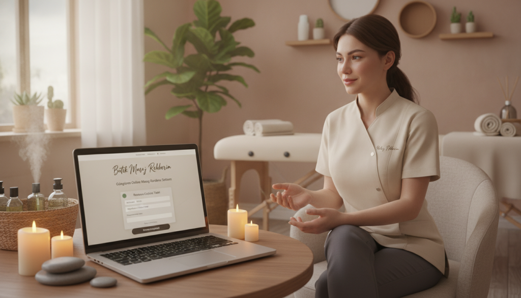A serene and inviting spa setting to represent "Butik Masaj Rehberim", showcasing an online appointment system for massage services in Güngören. In the foreground, a laptop displaying a sleek website interface for scheduling massage appointments, surrounded by calming elements like smooth stones and aromatic candles. The middle ground features a professional massage therapist, dressed in modest, professional attire, seated beside the laptop, engaging thoughtfully in a consultation. In the background, soft, natural lighting illuminates a tranquil room adorned with plants and relaxing decor, creating a peaceful atmosphere that invites clients to seek information about appointment changes. The overall mood should evoke comfort, professionalism, and reliability, perfect for illustrating the process of how to request schedule modifications.
