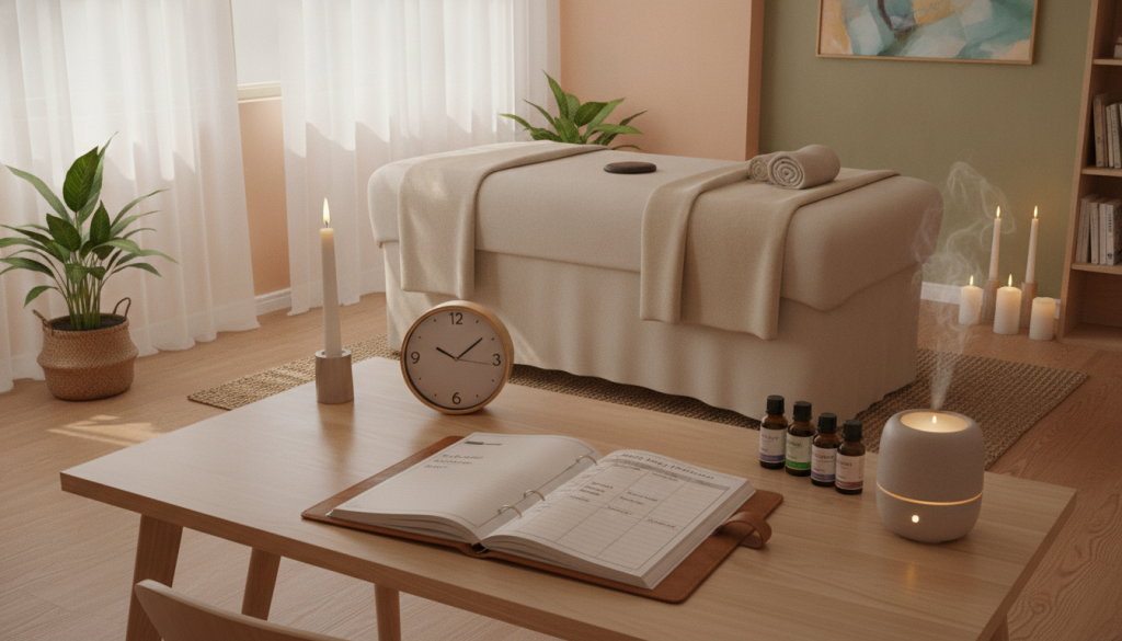 A serene and organized massage therapy session planning scene for "Butik Masaj Rehberim." In the foreground, a sleek desk with a planner open to a page detailing session durations, timestamps, and notes. A stylish clock and a set of essential oils subtly included. In the middle, a calming setup featuring a comfortable massage table draped in soft linens, surrounded by peaceful decor such as plants and candles. In the background, a softly lit room with warm colors, conveying tranquility and professionalism, with natural light filtering through sheer curtains. The atmosphere should feel relaxing and inviting, perfect for clients seeking massage therapy appointments. The image should be framed from a slightly elevated angle, capturing the entire scene without any text or distractions.