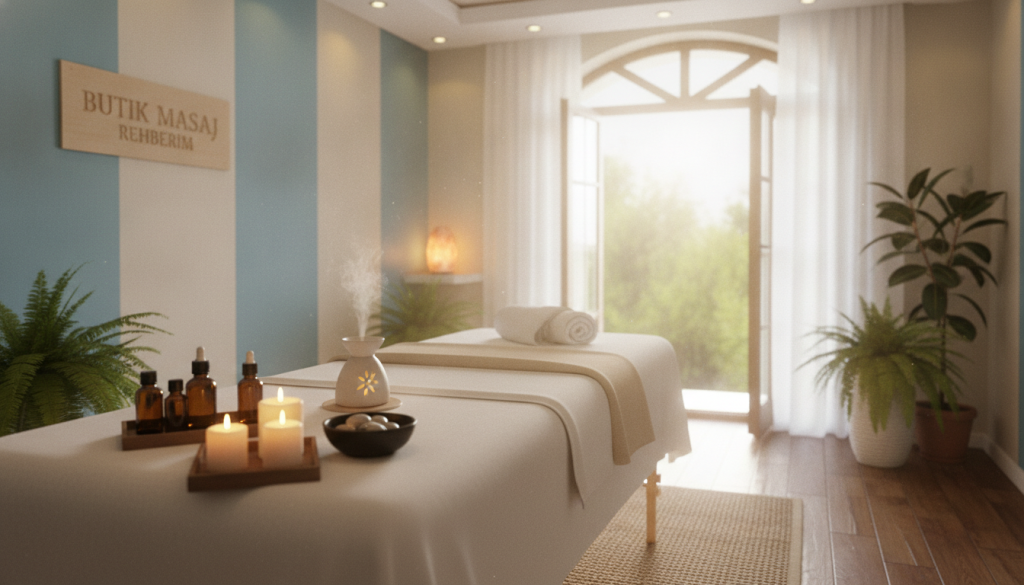 A serene and peaceful spa setting, focusing on the preparation process for a massage appointment. In the foreground, a neatly arranged massage table with soft linens, aromatic candles, and essential oils artfully displayed. In the middle ground, a calming room with warm ambient lighting, potted plants, and a soothing color palette of soft blues and whites, creating a tranquil atmosphere. In the background, an open window allowing gentle sunlight to filter in, enhancing the serene mood. The scene is free of human figures, emphasizing the environment's inviting and relaxing qualities. The brand name "Butik Masaj Rehberim" subtly integrated into the decor, reflecting a professional and welcoming space. Use a soft focus lens for a gentle, dreamy effect.