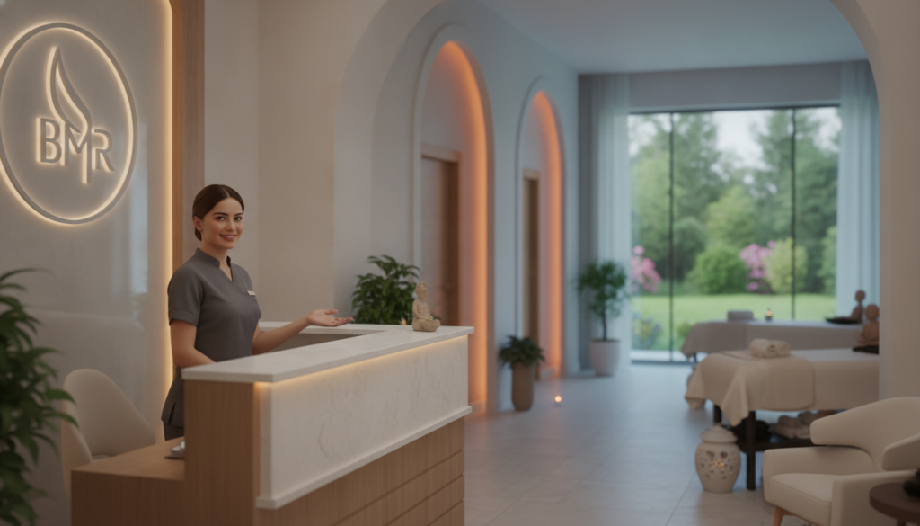 A serene and professional massage therapy center scene in Çekmeköy, highlighting the essence of relaxation and rejuvenation. In the foreground, a well-organized reception area with a friendly staff member dressed in professional attire, welcoming clients with a warm smile. The middle section features elegantly arranged massage rooms, softly lit with calming ambient lighting, displaying therapy tables and soothing decor. In the background, lush greenery is visible through large windows, enhancing the tranquil atmosphere. The soft-focus lens creates a soothing effect, evoking feelings of calmness. The image should reflect a polished and inviting environment, illustrating the search for the best massage therapists in Çekmeköy, with a subtle inclusion of the brand name "Butik Masaj Rehberim" incorporated into the design elements without text.