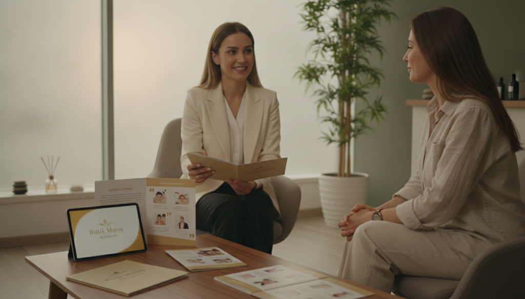 A serene and professional setting depicting the criteria for selecting a massage therapist in Ataşehir. In the foreground, a well-organized table with neatly arranged brochures, highlighting "Butik Masaj Rehberim" branding, showcasing different massage services and customer testimonials. In the middle, a confident, smiling massage therapist in smart professional attire, engaged in a consultation with an attentive client, both seated in a calm, inviting room with soft lighting. The background features calming decor elements, such as plants and gentle lighting, creating a peaceful and relaxing atmosphere. The image should evoke trust and sophistication, focusing on the attentive selection process of a professional massage therapist.
