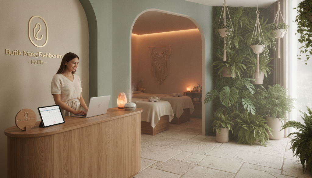 A serene and professional setting representing a massage salon in Fatih, adorned with calming colors and natural materials. In the foreground, a friendly receptionist in modest casual clothing is working at a stylish desk, scheduling appointments on a sleek computer. The middle ground features a beautifully arranged massage room with soft lighting, inviting massage beds, and tranquil decor to evoke relaxation. The background showcases a lush indoor plant arrangement, enhancing the peaceful atmosphere. The image captures warm, diffused lighting to emphasize a soothing ambiance, ideal for conveying professionalism and comfort. Include subtle branding elements for "Butik Masaj Rehberim" in the decor. The overall mood is welcoming and trustworthy, perfect for illustrating effective appointment booking methods.