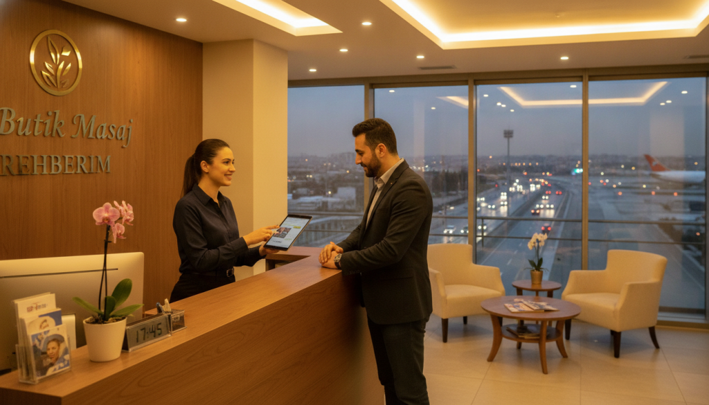 A serene and professional setting showcasing the appointment process at "Butik Masaj Rehberim" in Pendik. In the foreground, a well-organized reception desk featuring a friendly, professionally dressed receptionist engaged with a client. The middle ground captures a cozy waiting area with elegantly arranged chairs and soft lighting, creating a calming atmosphere. In the background, large windows reveal a glimpse of Pendik's streets characterized by light traffic, suggesting proximity to the airport. The scene is illuminated by warm, diffused light, enhancing the feeling of tranquility and hospitality. The overall mood is relaxed yet professional, suitable for illustrating the importance of considering traffic when booking appointments.