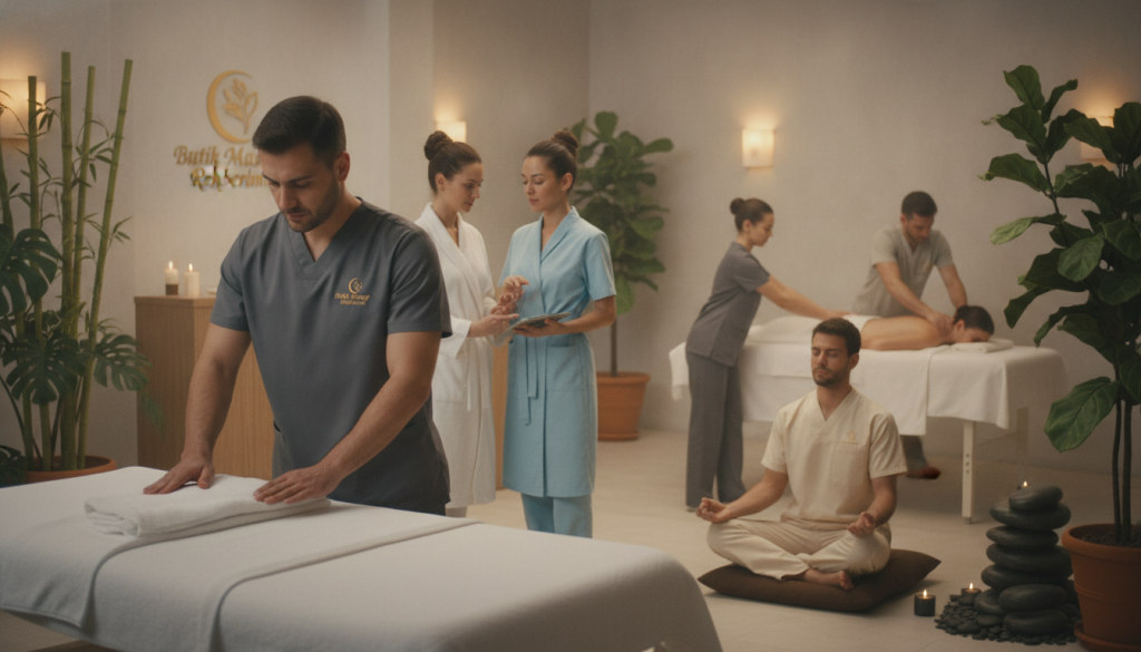 A serene and tranquil spa setting in Üsküdar, showcasing a variety of massage therapists engaged in their respective professions. In the foreground, a skilled male therapist in a smart professional uniform is preparing a massage table, demonstrating a welcoming environment. In the middle, a diverse group of therapists, including a female therapist explaining a treatment plan to a client, while another therapist is relaxing nearby, exhibits different massage techniques, tailored to specific needs. The background features soft ambient lighting, enhancing the calming atmosphere with lush indoor plants and decorative stones. A subtle logo of "Butik Masaj Rehberim" can be seen on the wall, emphasizing professionalism. The overall mood is one of relaxation and expertise, capturing the importance of session durations based on professional roles.
