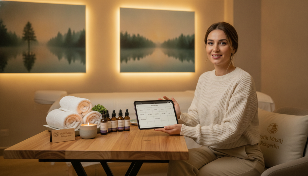 A serene and welcoming interior of a massage therapy space, showcasing a beautifully arranged appointment schedule on a wooden table. In the foreground, a professional businesswoman in modest casual clothing, with a warm smile, engages with a digital tablet displaying the appointment times. In the middle, relaxing elements like soft towels, essential oil bottles, and a candle set the atmosphere. The background features calming wall art of nature scenes and ambient soft lighting that enhances the tranquility of the setting. The mood conveys relaxation and professionalism, emphasizing the importance of choosing the right appointment times. Include the brand name "Butik Masaj Rehberim" subtly integrated into the scene's decor. Use a slightly warm color palette to evoke comfort and peace.