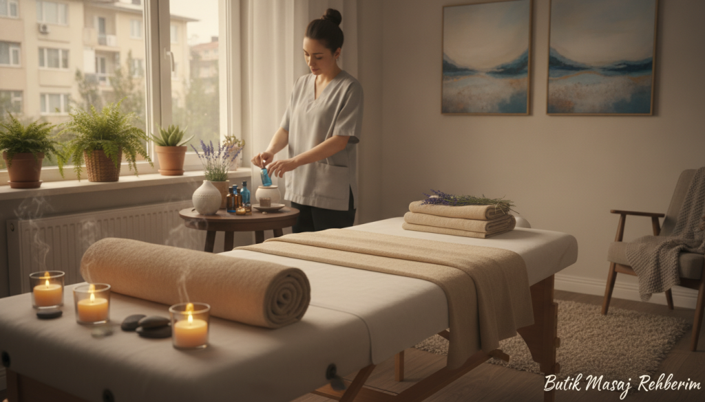 A serene home massage environment in Şişli, showcasing a calming space designed for relaxation. In the foreground, a neatly arranged massage table with soft linens in neutral tones, surrounded by scented candles flickering gently. In the middle ground, a professional massage therapist is depicted wearing modest, casual clothing, preparing essential oils on a small table. The background features a cozy, softly lit room, with plants and soothing artwork enhancing the ambiance. The scene is illuminated by warm, natural light streaming through a window, creating an inviting and peaceful atmosphere. This image captures the essence of "Butik Masaj Rehberim," highlighting the advantages of having a personal massage service at home.