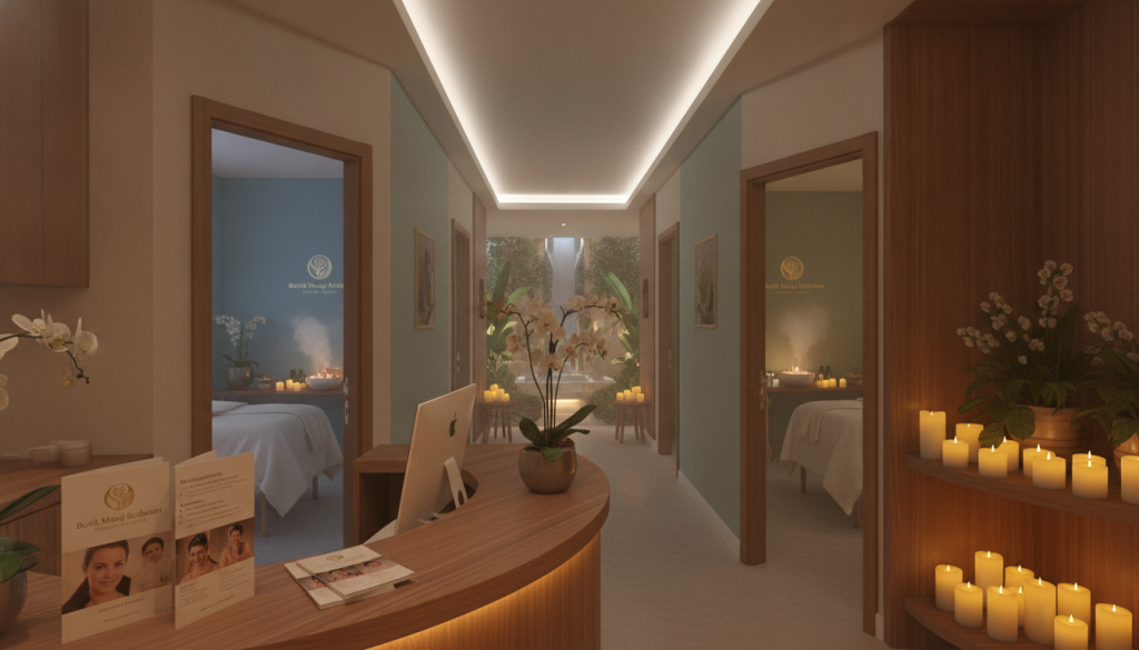 A serene interior of a wellness center in Beyoğlu, highlighting a professional massage selection process. In the foreground, a warm, inviting reception area with a stylish desk and informational brochures about licensed massage therapists, featuring the brand name "Butik Masaj Rehberim". In the middle, various massage rooms are visible, each beautifully decorated with soft lighting and calming colors. The background shows a peaceful ambiance with plants and candles, enhancing relaxation. The lighting is soft and soothing, creating a tranquil atmosphere that evokes a sense of wellness and care. The angle is slightly elevated, capturing the full essence of a modern, upscale spa experience, promoting an exceptional massage encounter.