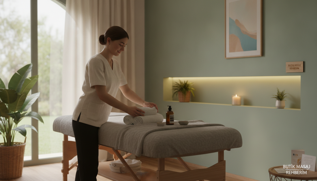 A serene, inviting massage therapy room, designed for optimal relaxation. In the foreground, a professional massage therapist, dressed in a smart, modest outfit, prepares the massage table with soft towels and essential oils. The middle ground features a soothing atmosphere, with dimmable warm lighting casting gentle shadows and a small candle flickering on a shelf. Fresh greenery adds a touch of nature, while calming art decorates the walls. In the background, large windows allow soft natural light to flow in, enhancing the tranquil feel. The overall mood is one of comfort and peace, illustrating the importance of tailoring massage session durations to individual needs. The branding "Butik Masaj Rehberim" subtly integrated into the setting, emphasizing a personalized approach to well-being.