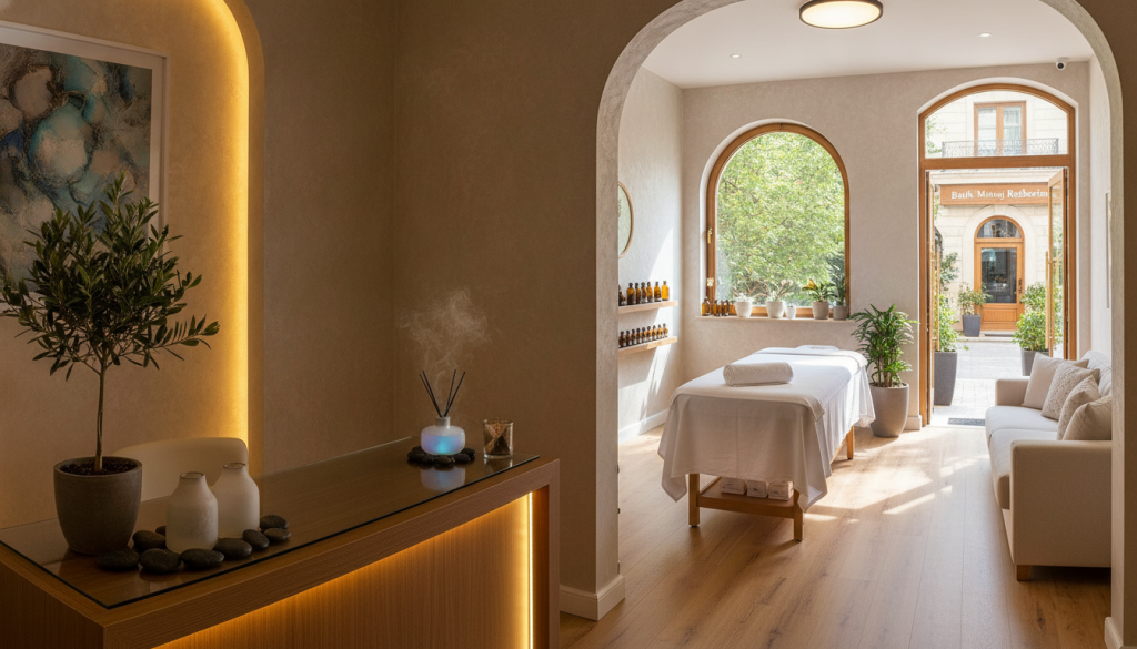 A serene, inviting scene showcasing a professional massage therapy salon in Sarıyer. In the foreground, a well-organized reception area with a tasteful wooden desk and soft ambient lighting, embellished with plants and calming decor. The middle ground features a tranquil treatment room with a massage table draped in crisp white linens, essential oils neatly arranged on a shelf, and a large window allowing gentle, natural light to filter in. The background depicts the exterior of the salon, presenting an elegant building facade with subtle signage reading "Butik Masaj Rehberim." The mood is peaceful and relaxing, emphasizing a professional atmosphere. Shot with a wide-angle lens to capture the depth and warmth of the space, ensuring that the overall composition is inviting and suitable for potential clients exploring their options for massage therapy in the area.