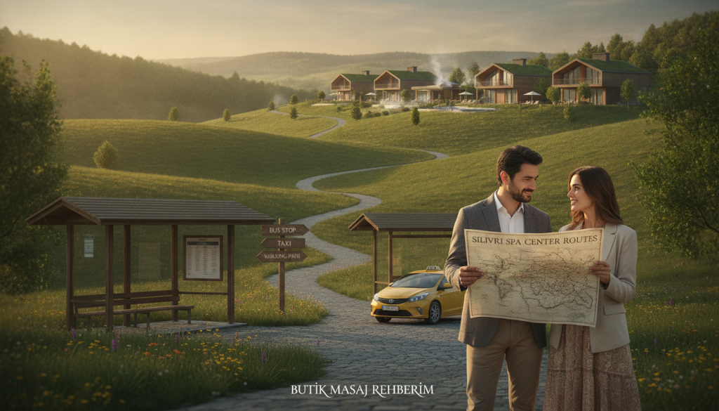 A serene landscape showcasing the various transportation alternatives to Silivri Spa Center, including clearly marked bus stops, a cozy taxi waiting area, and scenic walking paths. In the foreground, a well-dressed professional couple examines a detailed map and discusses their journey with elements of reassurance and excitement. The middle ground features a picturesque view of rolling hills and greenery, representing the tranquil route to the spa. In the background, the Silivri Spa Center is visible, blending harmoniously with nature. The scene is bathed in soft, warm lighting, evoking a calm and welcoming atmosphere. The lens focuses on the couple, while the background gradually blurs to emphasize the journey ahead. This image should represent the essence of journey planning, suitable for Butik Masaj Rehberim.