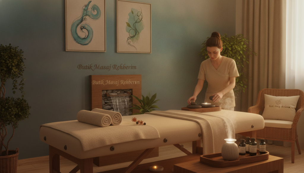 A serene massage therapy room featuring a calming ambiance, with soft, warm lighting creating a relaxing atmosphere. In the foreground, a comfortable massage table is neatly made with fresh, soft linens, surrounded by essential oils and tranquil plants. In the middle ground, a skilled massage therapist in professional attire is preparing for a session, showing a focused and caring demeanor. The background features a soft color palette of blues and greens, evoking a sense of tranquility, with tasteful decor, such as framed nature art and calming water features. The brand name "Butik Masaj Rehberim" is subtly incorporated into the decor elements. The overall mood is peaceful and inviting, capturing the essence of the importance of massage services in Pendik.