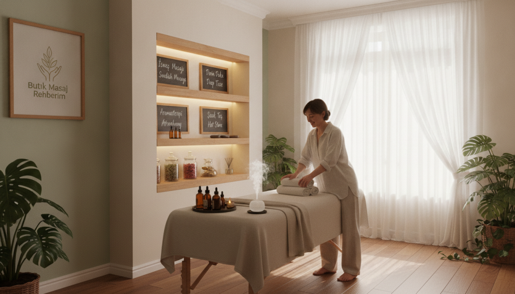 A serene massage therapy room in Kadıköy, showcasing a tranquil setting with soft lighting and calming colors. In the foreground, a professional therapist dressed in modest casual attire prepares a massage table adorned with fresh towels and aromatic essential oils. In the middle, shelves display various massage options such as Swedish, deep tissue, and aromatherapy, highlighted by gentle ambiance lighting. The background features a large window with sheer curtains, allowing natural light to filter in and illuminating potted plants that enhance the peaceful atmosphere. The overall mood is calming and inviting, reflecting the expertise of "Butik Masaj Rehberim" and the diverse massage options available to meet clients' needs.