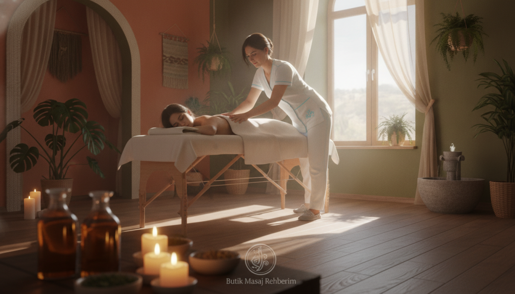 A serene massage therapy setting featuring a female therapist of Turkish descent, dressed in professional attire, demonstrating techniques on a cushioned massage table in a softly lit room. The foreground includes therapeutic oils and calming candles, while in the middle, the therapist uses gentle hand movements on a client, who is dressed modestly and relaxed. In the background, warm, earthy tones create a peaceful atmosphere, complemented by soothing decorations like plants and soft fabrics. Natural light streams through a window, casting a warm glow that enhances the tranquil mood. The image embodies relaxation and wellness, reflecting the benefits of massage therapy, with the brand name "Butik Masaj Rehberim" subtly integrated into the ambiance.