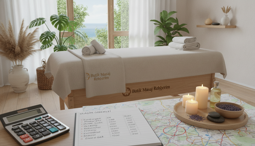 A serene, professional environment showcasing a modern massage therapy setting in Silivri. In the foreground, a calculator and a notepad with detailed notes about transportation costs for massage appointments, and a map highlighting routes. In the middle, a massage table elegantly set up with calming spa equipment and scented candles, conveying relaxation. The background features a large window letting in soft, natural light, illuminating green plants and decorative elements that promote tranquility. The overall atmosphere is peaceful and inviting. The mood is calm and reflective, encouraging contemplation of transportation cost calculations for clients. Include branding elements of "Butik Masaj Rehberim" subtly integrated into the design. The image should be well-lit, captured from a slightly elevated angle, emphasizing clarity and professionalism.