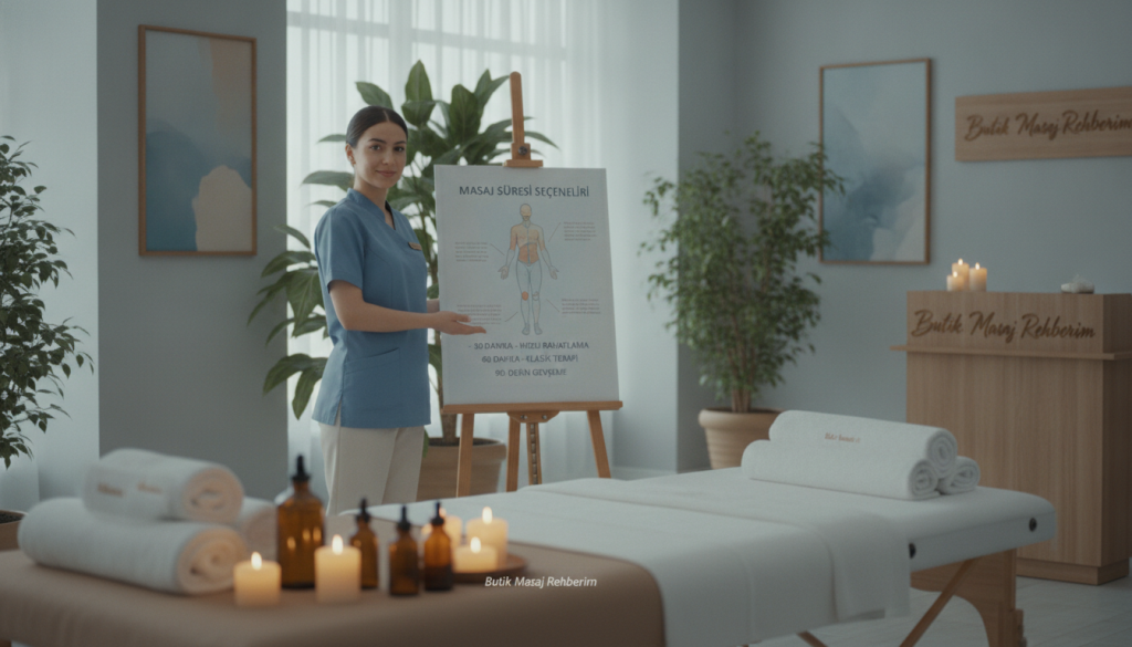 A serene, professional spa environment in Kadıköy, showcasing a massage therapy setup. In the foreground, a soothing massage table with soft, fluffy towels neatly arranged, alongside calming essential oils and candles emitting a warm glow. In the middle, a professional masöz dressed in modest, professional attire, gesturing towards an infographic displaying massage session duration options, thoughtfully placed on an easel. The background features tranquil, soft ambient lighting with houseplants and calming artwork, creating a relaxing atmosphere. Focus on a sense of peace and well-being, with a harmonious color palette of soft blues and warm neutrals. Branding visible: "Butik Masaj Rehberim" subtly incorporated into the setting.