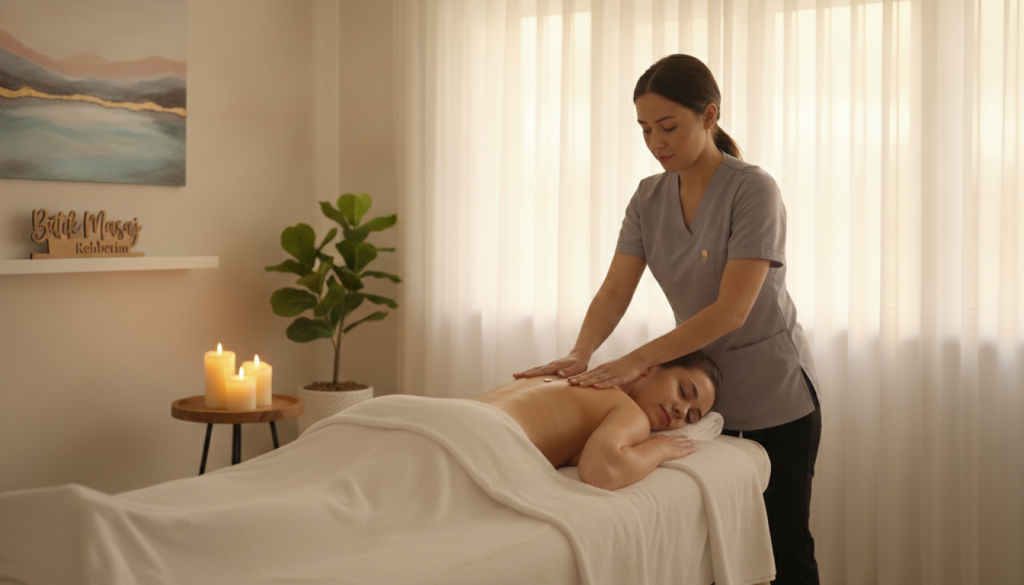 A serene room designed for post-massage care, featuring a cozy massage table with soft, clean linens. In the foreground, a professional massage therapist, dressed in a modest, professional outfit, gently applies essential oils to a client's shoulders, portraying relaxation and rejuvenation. The middle of the scene includes calming elements like soothing candles, a small indoor plant, and a tranquil wall painting, creating a sense of peace. In the background, soft, warm lighting fills the room, filtered through sheer curtains, illuminating the space with a gentle glow. The atmosphere is tranquil and inviting, emphasizing self-care. Branding for "Butik Masaj Rehberim" is subtly integrated into the decor. The overall mood conveys recovery and well-being after a massage service.