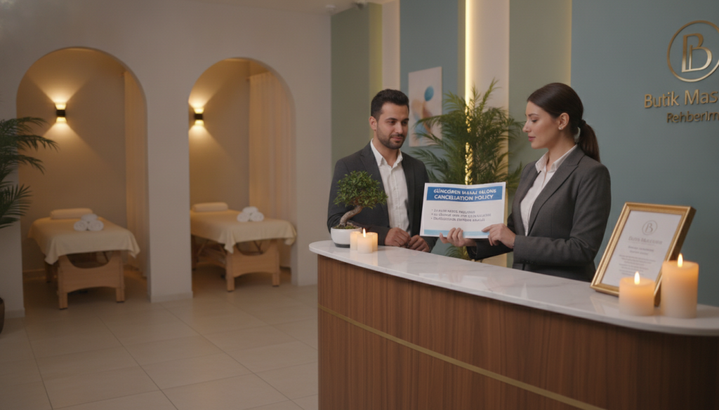 A serene spa environment depicting the cancellation policy of Güngören massage salons. In the foreground, a professional receptionist, dressed in smart business attire, stands at a stylish reception desk adorned with soothing decor, such as candles and potted plants. She is attentively speaking to a customer, showcasing a brochure labeled “Cancellation Policy” that highlights important points. In the middle ground, softly lit treatment rooms with comfortable massage tables can be seen, promoting a relaxing atmosphere. The background features calming colors and soft ambient lighting, enhancing the tranquil vibe of the spa. The scene radiates a sense of professionalism and warmth, emphasizing the importance of understanding cancellation policies. The brand name "Butik Masaj Rehberim" is subtly integrated into the decor.