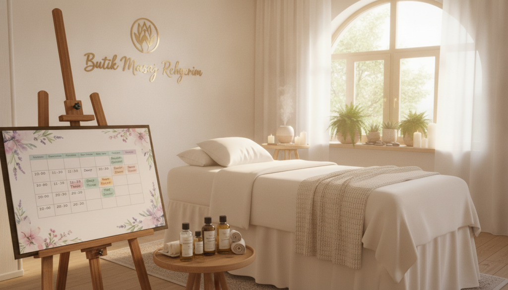 A serene spa environment in Beylikdüzü, showcasing a beautifully arranged massage therapy room. In the foreground, a well-organized schedule planner is displayed, with soothing colors and gentle floral designs highlighting typical time slots for massage sessions. The middle ground features a comfortable massage table, adorned with soft white linens, complemented by aromatherapy oils and warm towels. In the background, large, soft-lit windows allow natural light to filter in, illuminating calming decor such as plants and candles. The atmosphere is tranquil and inviting, conveying a sense of relaxation and rejuvenation. The brand name "Butik Masaj Rehberim" is subtly integrated into the scene through elegant signage on the wall, maintaining a professional and welcoming aesthetic.