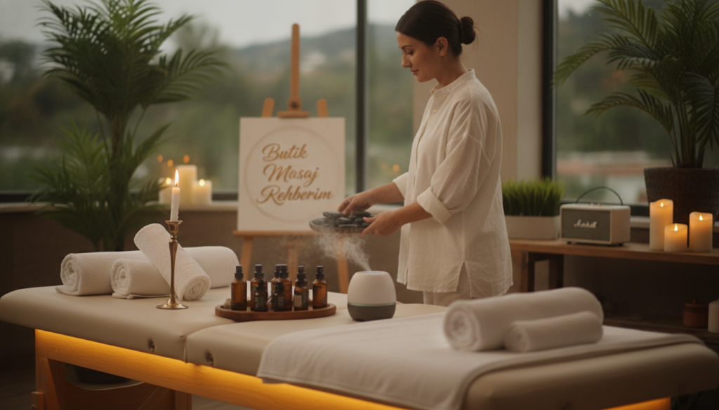 A serene spa environment set in Şile, focusing on the preparation process for a massage therapy appointment. In the foreground, an elegantly set massage table with fresh towels and aromatherapy oils is displayed, illuminated by soft, warm lighting to create a calming ambiance. In the middle, a professional massage therapist in modest casual attire is seen arranging tools and soothing music, embodying a sense of tranquility and professionalism. The background features softly blurred spa elements like potted plants and ambient candles, enhancing the peaceful atmosphere. The overall mood is inviting and relaxing, ideal for reinforcing the theme of a well-planned massage appointment. Include subtle branding for "Butik Masaj Rehberim" integrated into the decor.