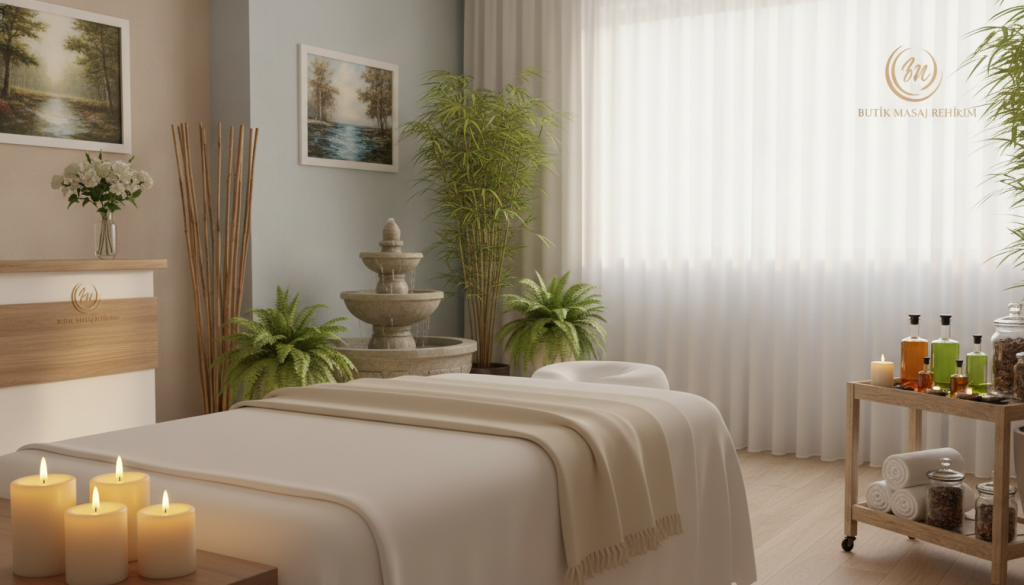 A serene spa massage setting in Esenler, showcasing a tranquil environment prepared for relaxation. In the foreground, a massage table draped with soft, clean linens, flanked by aromatic candles casting a warm glow. A small wooden cart holds essential oils, towels, and herbal infusions. In the middle, a calming water feature provides gentle sounds, surrounded by lush plants that enhance the soothing atmosphere. The background features soft, muted colors on the walls, with framed artwork depicting nature, contributing to the serene vibe. Natural light filters in through sheer curtains, creating a peaceful ambiance. The image embodies the essence of professional massage therapy provided by Butik Masaj Rehberim, fostering an inviting, nurturing atmosphere ideal for client sessions.