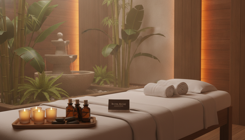 A serene spa setting in Kadıköy, showcasing a calming massage environment. In the foreground, a luxurious massage table is prepared with soft, white linens and aromatic candles flickering gently. A small selection of essential oils and herbal stones are artistically placed nearby. The middle ground features a tranquil water fountain, creating a soothing soundscape, surrounded by lush greenery and bamboo plants. In the background, soft, warm lighting bathes the space, enhancing the cozy atmosphere. The ambiance feels inviting and relaxing, promoting a sense of peace and wellness. Feature the brand name "Butik Masaj Rehberim" subtly within the scene. The overall mood captures a rejuvenating weekend spa experience, perfect for enhancing the massage experience.