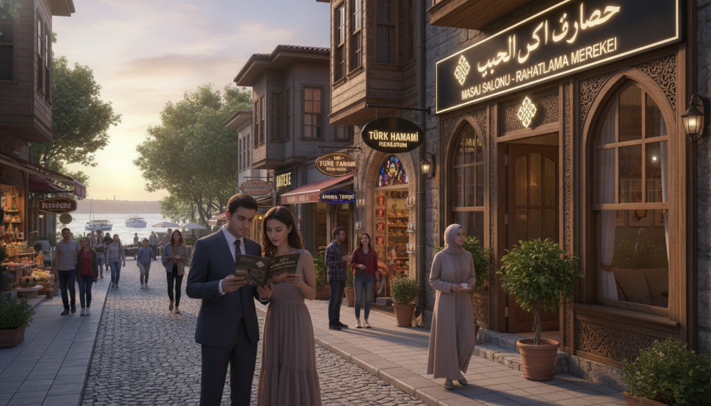 A serene street scene in Üsküdar, showcasing several massage centers, with a focus on their inviting exteriors and vibrant signage. In the foreground, a well-dressed couple examines a massage center's brochure, embodying the essence of professionalism and wellness. In the middle ground, diverse pedestrians interact, contributing to a community atmosphere as they walk by charming cafes and shops, adorned with traditional Turkish architecture. The background features lush trees and the Bosphorus, hinting at the neighborhood's beauty and tranquility. The lighting is soft and warm, suggesting a late afternoon, casting gentle shadows and highlighting the welcoming vibe of the area. The overall mood is calm and inviting, emphasizing relaxation and comfort, featuring the brand name "Butik Masaj Rehberim" subtly integrated into the setting.