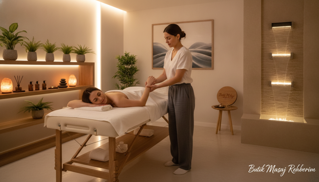 A serene wellness center in Bakırköy specializing in professional massage services. In the foreground, a massage room featuring a comfortable massage table surrounded by soft, ambient lighting that casts a warm glow. A professional massage therapist, dressed in modest casual clothing, is demonstrating a soothing hand technique on a client who is comfortably lying on the table, attentive to a tranquil atmosphere. The middle ground illustrates a neatly arranged space with calming decor, such as plants and aromatherapy oils. In the background, a soothing water feature adds an additional layer of tranquility. The overall mood is relaxing and inviting, enhancing the concept of quality wellness services. The brand name "Butik Masaj Rehberim" subtly integrated into the decor, evoking a sense of trust and professionalism.
