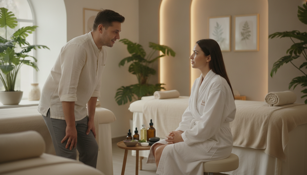 A tranquil and inviting spa environment, focusing on a professional massage therapist from "Butik Masaj Rehberim" communicating with a client. In the foreground, the therapist, wearing smart casual attire, is engaged in conversation with the client, who looks relaxed and attentive. The middle ground features massage tables adorned with soft towels and essential oils, creating a serene atmosphere. The background shows soft lighting, enhancing the calm ambiance, with plants and calming artwork on the walls. The image captures a sense of professionalism and warmth, emphasizing effective communication and trust between therapist and client. The angle is slightly elevated, highlighting the connection and comfort of the setting, with natural light filtering through a window.