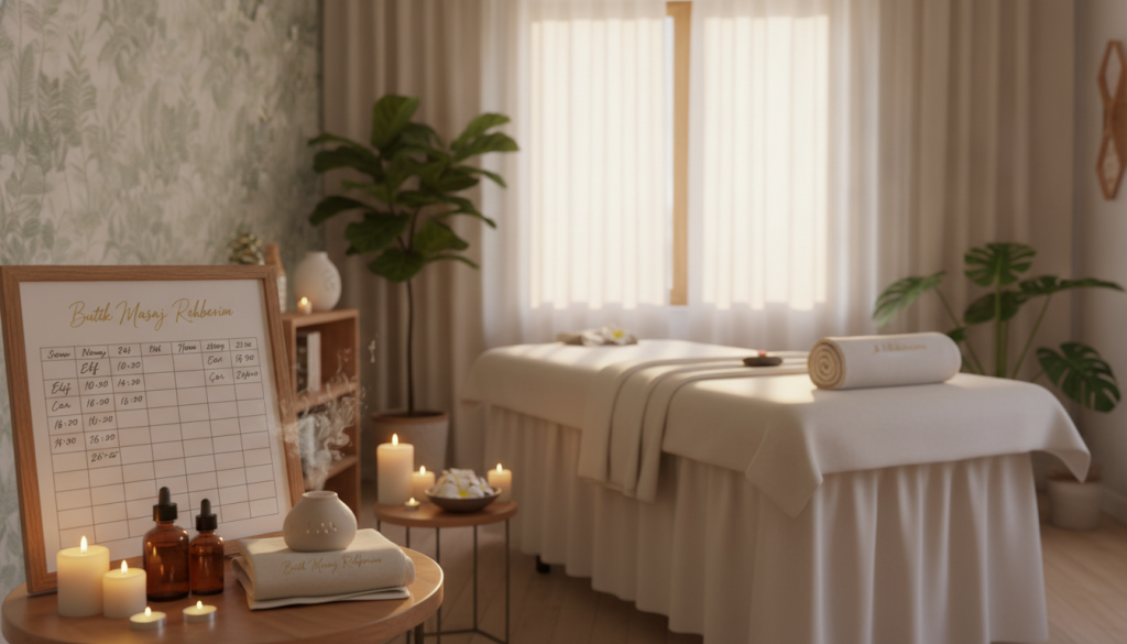 A tranquil, professional spa setting in Ataşehir, featuring a well-organized schedule board for massage appointments. In the foreground, a stylish calendar with various time slots marked, surrounded by soft and calming decor. In the middle, a serene massage table draped in neatly arranged linens, complemented by aromatic candles and essential oils, creating an inviting atmosphere. In the background, a softly lit room with soothing colors, plants, and elegant wallpaper that reflects relaxation. Warm, diffused lighting enhances the calm mood, evoking a sense of peace and professionalism. Presentation elements include the brand name "Butik Masaj Rehberim" subtly integrated into the decor, emphasizing a personal touch. Angle the shot to capture depth, inviting the viewer into this serene environment.