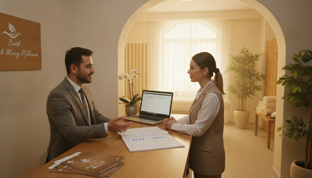 A tranquil scene depicting the initial communication process between a massage therapist and a client for a massage appointment in Çekmeköy. The foreground features a professional male and female massage therapist, dressed in modest business attire, engaged in a friendly conversation at a cozy, inviting reception area. In the middle ground, a well-organized desk displays brochures about massage services, a computer, and a calendar with dates marked. The background shows a serene spa environment with soft, warm lighting, soothing decor, and plants that create a relaxing ambiance. The composition captures a genuine atmosphere of trust and professionalism. The brand "Butik Masaj Rehberim" is subtly integrated into the reception area design, enhancing the overall feel of a welcoming, professional space.