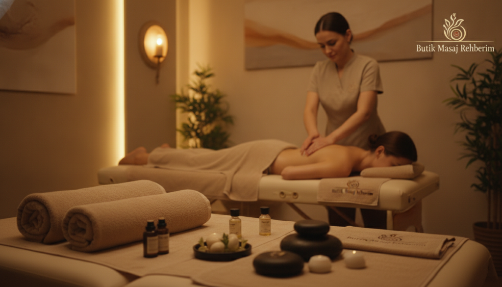 A tranquil spa setting in Tuzla, featuring a professional masseuse demonstrating popular massage techniques. In the foreground, a serene massage table adorned with soft towels, essential oils, and calming stones. The middle ground showcases the masseuse, dressed in smart, modest attire, gently applying technique with expert hands to a client relaxing on the table. The background reveals soothing decor with soft lighting, plants, and calming art on the walls, creating a peaceful atmosphere. The overall mood is one of relaxation and professionalism, inviting the viewer into a calming sanctuary. The scene is composed with a warm light, shot from a slightly elevated angle to capture the ambiance, emphasizing the art of massage therapy. Include branding elements subtly displaying “Butik Masaj Rehberim” in the room decor.