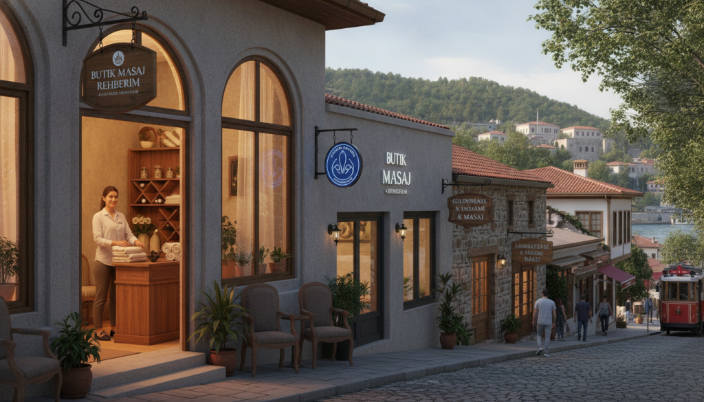 A vibrant street scene in Beykoz, featuring different types of massage salons. In the foreground, a cozy, warmly lit massage parlor with a welcoming entrance, showcasing a peaceful ambiance through its large windows. A well-dressed professional therapist prepares the reception area, dressed in smart casual attire. The middle ground reveals several assorted salons, each with unique signage and architectural styles, reflecting the charm of the neighborhood. In the background, picturesque trees and historical buildings of Beykoz add depth. Soft, natural light filters through, enhancing the serene atmosphere. Overall, the image captures the essence of popular massage salons in Beykoz, representing the brand "Butik Masaj Rehberim" with elegance and warmth.