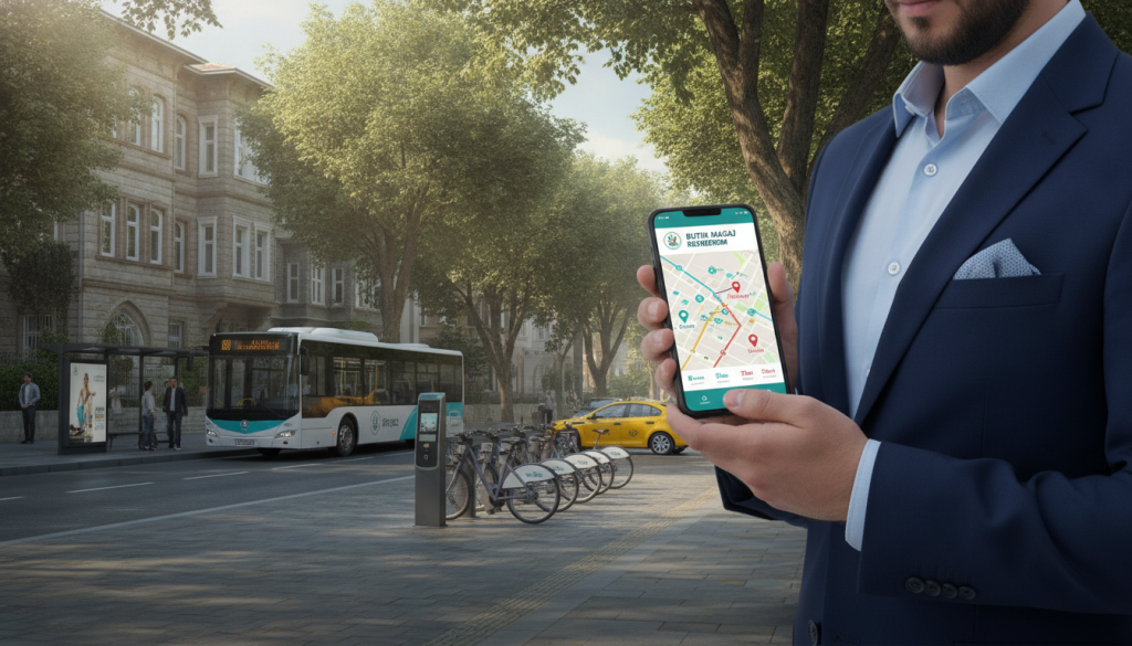 A vibrant urban scene showcasing transportation options in Beykoz for a massage appointment. In the foreground, a well-dressed individual in business attire is checking a transportation app on their smartphone, displaying a map with various routes highlighted. In the middle ground, there are several modes of transport: a bus stop with a modern bus, a bicycle rental station, and a taxi waiting. The background features leafy streets and residential buildings, creating a calming atmosphere. Soft, natural lighting illuminates the scene, capturing the essence of a sunny day. The image embodies a professional and organized approach to distance management in urban mobility, reflecting the brand Butik Masaj Rehberim.