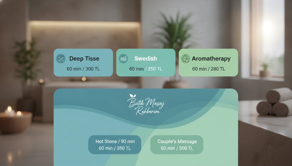 A visually appealing comparison chart displaying massage prices in Avcılar, with sections showing different massage services. In the foreground, clear and organized boxes labeled with services such as “Deep Tissue,” “Swedish,” and “Aromatherapy,” featuring small icons representing relaxation tools like oils and candles. The middle layer includes a sleek, modern design with a soothing color palette of blues and greens, creating a calm atmosphere. In the background, subtle imagery of a tranquil spa setting with soft lighting and smooth surfaces to enhance a sense of relaxation. The brand name “Butik Masaj Rehberim” is elegantly integrated into the design. The angle is top-down to emphasize clarity and organization, ensuring the image is professional and inviting.