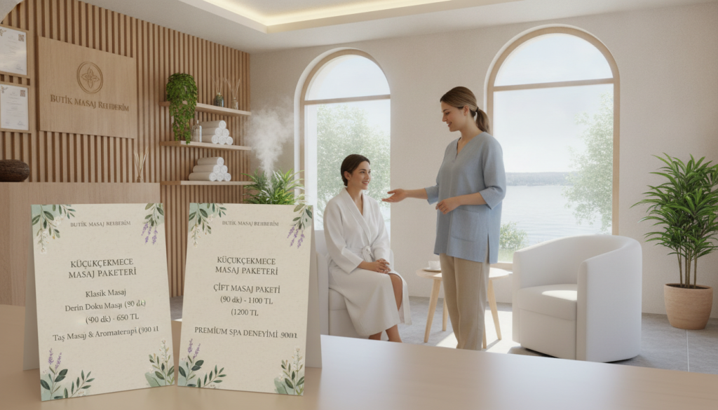 A well-designed, visually appealing image illustrating massage package options and pricing in Küçükçekmece. In the foreground, display elegant massage package menus with prices, styled in a minimalist layout. Include a soothing color palette of soft blues and greens, with delicate floral accents to enhance relaxation vibes. In the middle, showcase a professional massage therapist in modest casual attire, attentively explaining the package options to a client in a welcoming, bright atmosphere. The background should feature a tranquil spa setting, with natural lighting filtering through large windows, wooden elements, and calming décor. The branding "Butik Masaj Rehberim" subtly integrated into the overall design. Aim for a serene and informative mood, capturing the essence of quality massage therapy in Küçükçekmece.