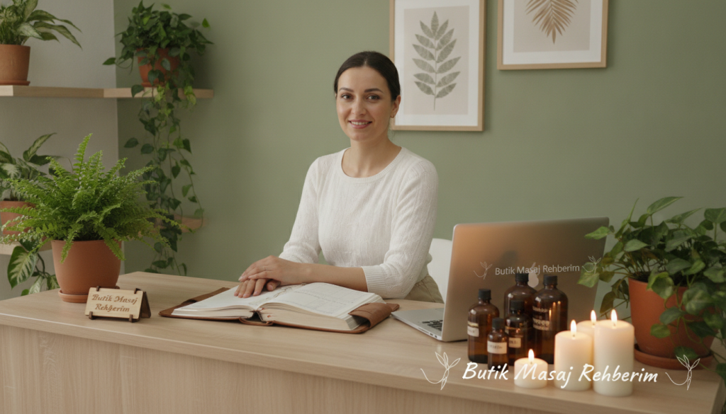 A well-lit, serene spa environment depicting a professional massage therapist in modest casual attire, sitting at a reception desk prepared for client consultations. The foreground features a neatly organized appointment scheduling book and a laptop displaying booking details. In the middle, a calming arrangement of essential oils and soothing candles create a tranquil ambiance, accented by soft, diffused lighting. The background includes lush green plants and calming wall art, enhancing the relaxing atmosphere of a massage therapy center. The scene conveys a sense of professionalism and trust, inviting clients to seek information and clarify payment details before their appointments. The brand name "Butik Masaj Rehberim" is subtly suggested through the overall aesthetic, embodying an inviting and professional atmosphere suitable for pre-appointment inquiries.