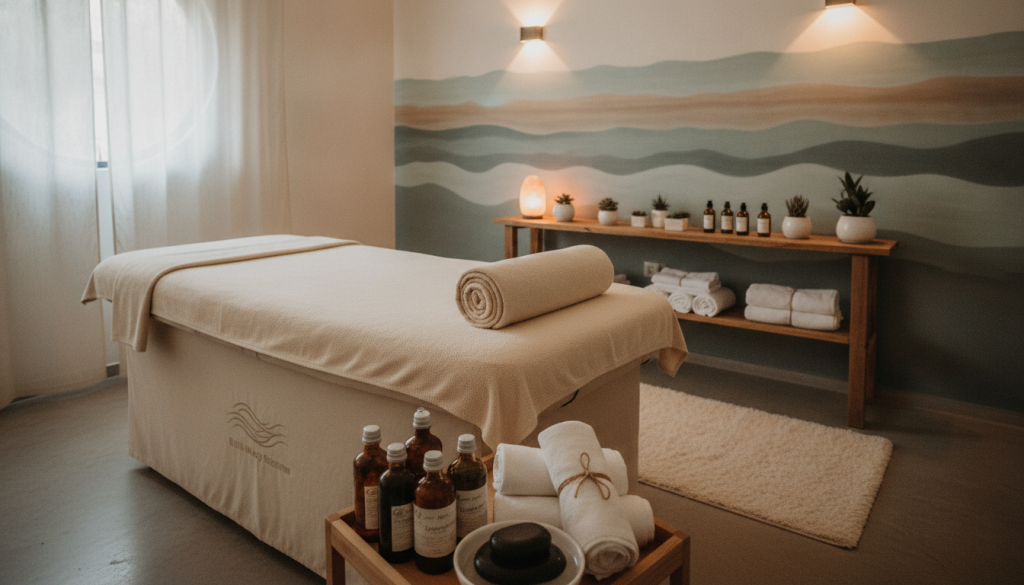 A well-organized, professional massage therapy setup in a clean and hygienic environment, showcasing high-quality massage equipment such as a massage table, various oils, and towels. The foreground highlights the massage table, with neatly arranged tools that signify professionalism. In the middle, depict an inviting space with soft ambient lighting that creates a calming atmosphere, featuring shelves stocked with essential oils and clean linens. The background displays a serene mural or calming colors that enhance the tranquility of the space. Use a wide-angle lens to capture the entire setting in detail, ensuring the mood conveys relaxation and professionalism. The image should clearly represent the brand "Butik Masaj Rehberim" through subtle branding on equipment or decor, without any text or logos.