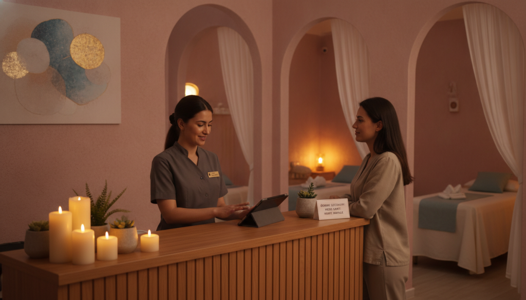 An inviting and serene interior of a massage salon named "Butik Masaj Rehberim" in Esenyurt. In the foreground, a stylish reception area with a polished wooden reception desk, featuring elegant decor items like candles and plants. A friendly staff member, dressed in professional attire, is discussing payment options with a client, showcasing an atmosphere of trust and professionalism. The middle ground captures cozy massage rooms with dim lighting and soft fabrics, adorned with soothing colors. In the background, a calming ambiance is created with soft, warm lighting and serene artwork on the walls. The overall mood is peaceful and welcoming, reflecting the importance of clear payment methods before appointments.