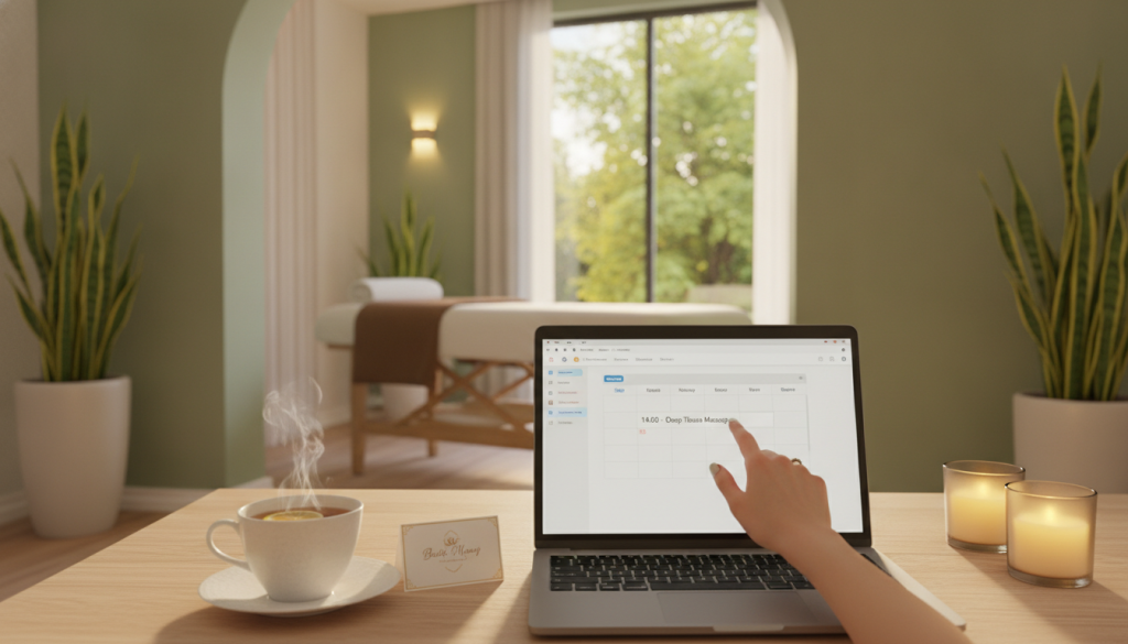 Create an image depicting a tranquil weekend atmosphere focused on massage appointment scheduling in Kartal. In the foreground, showcase a laptop on a beautifully arranged wooden table with an open calendar application, where a friendly hand is selecting a time slot. Include soothing elements like a warm cup of herbal tea and soft, aromatic candles, enhancing the relaxation theme. In the middle ground, display a softly lit spa room with elegant decor, featuring calming colors, plants, and comfortable massage tables. The background should feature a serene view of nature outside, perhaps with trees and a gentle sunlight filtering through. The image embodies a peaceful, inviting mood, perfect for someone considering a weekend massage appointment. Incorporate the brand name "Butik Masaj Rehberim" subtly in the design.