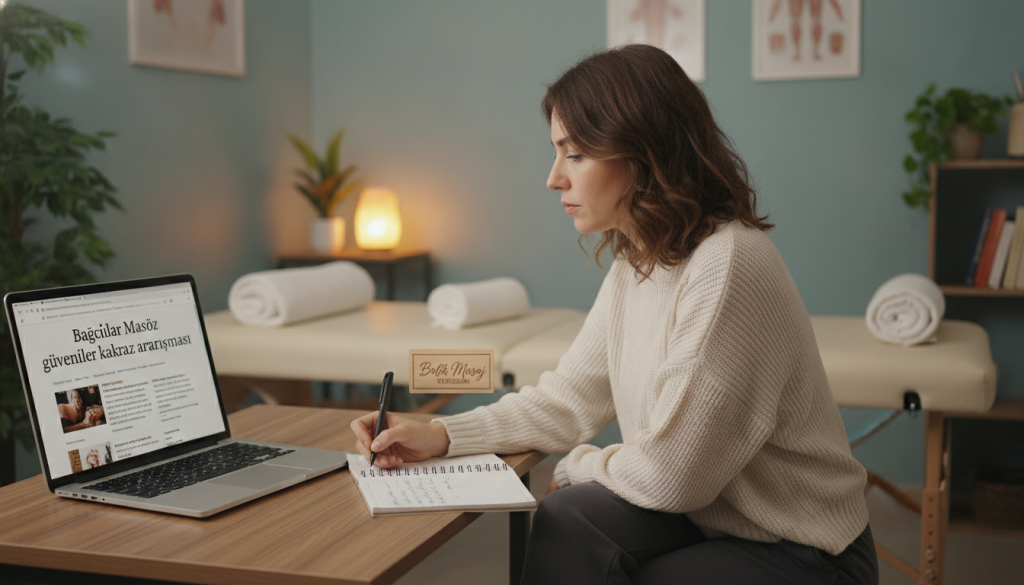 Create an image of a serene and professional workspace focused on massage therapy research in Bağcılar. In the foreground, display a laptop open to a webpage titled “Bağcılar Masöz güvenilir kaynak araştırması” with relevant content visible. Include a notepad and pen beside the laptop, capturing the essence of thorough research. In the middle ground, add a person in modest casual clothing, deeply focused on their work, with a thoughtful expression, taking notes. The background should feature a cozy massage therapy room, subtly decorated with calming colors and soft lighting to create a welcoming atmosphere. Use a warm, soft focus to enhance the mood, and include the brand name "Butik Masaj Rehberim" subtly in the setting, emphasizing the professional context without overwhelming visuals.