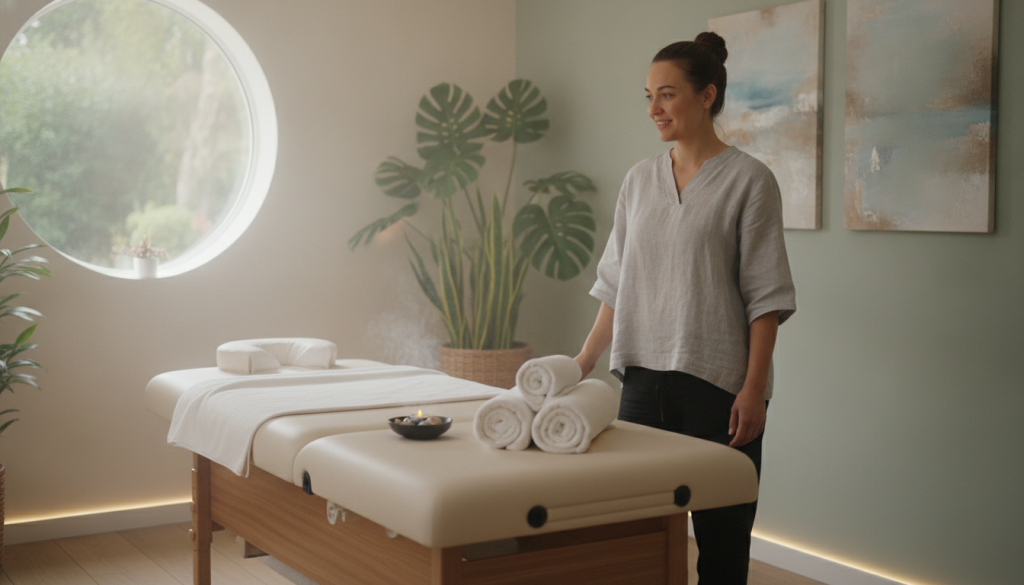 Create an image that captures a serene and professional atmosphere for a massage service, specifically reflecting "Butik Masaj Rehberim". In the foreground, display a stylish and calming massage room with soft, ambient lighting and neutral colors. Feature a massage table set up with fresh towels and calming aromatherapy oils. In the middle ground, include a professional masseuse dressed in modest casual clothing, skillfully preparing for a session or welcoming a client with a friendly smile. The background should show a tranquil setting with plants and relaxing artwork, enhancing the sense of peace. Opt for a soft focus lens to create an inviting mood, emphasizing warmth and relaxation without any text or distractions.